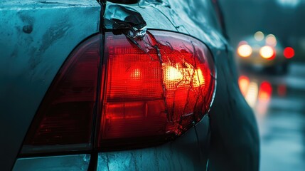 Damaged car tail light after collision, showing cracked lens and dented body, with blurred traffic in the background, accident, insurance, auto repair, vehicle damage.