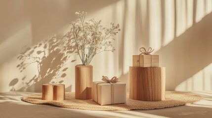Minimalist eco-friendly arrangement featuring wooden stands and gift boxes with floral accents on a warm beige background.