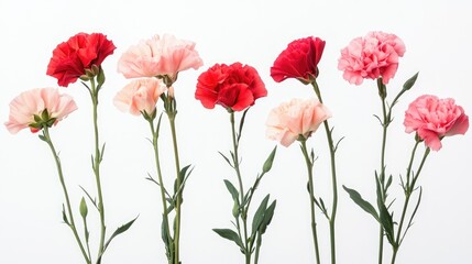 Obraz premium Collage of red and pink carnations arranged vertically on a clean white background, featuring delicate petals and green stems, floral, nature, decoration, vibrant colors.