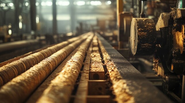 Woodworking machinery in a large factory with logs being processed in a well-lit industrial environment showcasing production lines.