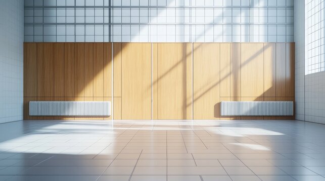Spacious empty room with double wooden doors aluminum radiators and glossy white tiled flooring bathed in natural light shadows