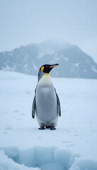 Obraz premium Close-up view of a solitary penguin on a vast icy landscape in Antarctica, serene mood with soft snowflakes falling 