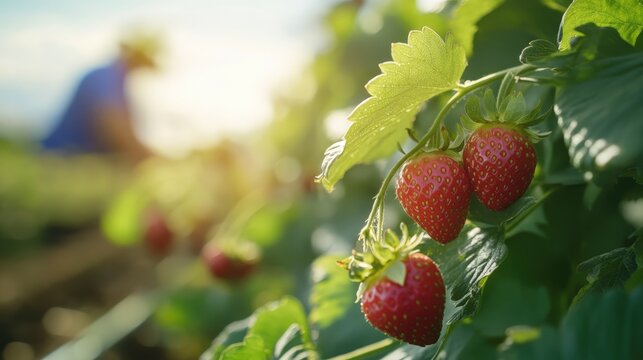 Harvesting strawberries in a sunlit field with blurred background and vivid red berries highlighting agricultural production and rural life - Powered by Adobe