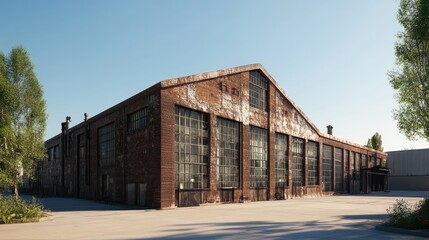 Obraz premium Industrial warehouse exterior with weathered brick and large windows under clear blue sky