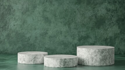 Fototapeta premium Decorative stone podiums on textured green backdrop for minimalistic product display and artistic presentations