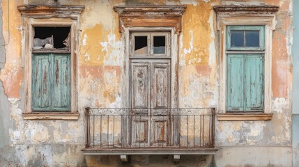 Weathered facade of an abandoned wooden building showcasing peeling paint and broken windows highlighting a sense of decay and history