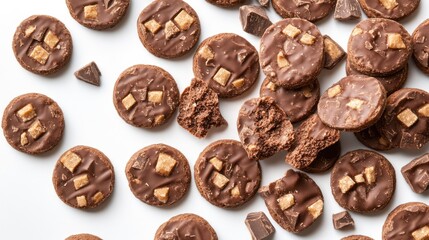 Obraz premium Chocolate biscuits assorted on a white background showcasing texture and rich cocoa flavor for appetizing visuals and dessert concepts.