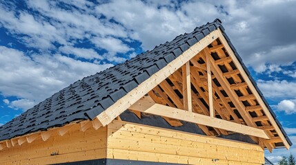 Obraz premium Facade renovation with thermal improvement featuring modern farmhouse roof soffit installation on wooden rafters against a cloudy sky.