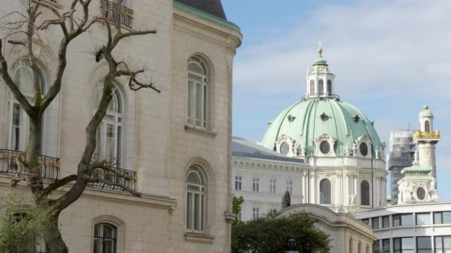 St. Charles' Church (Karlskirche) in Vienna, Austria. View of the church's dome from the street behind.