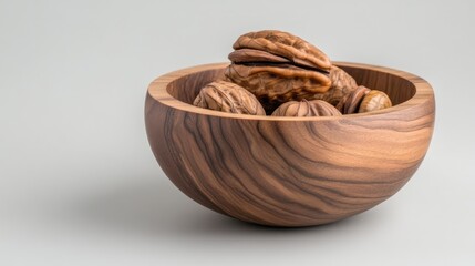 Close-up of walnuts in a polished wooden bowl, featuring a light gray background, emphasizing natural texture and organic appeal, healthy snack, nutritious food concept.