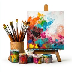 Art supplies including paint, brushes, and canvas on a white isolated background.