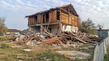 Fototapeta premium Abandoned wooden house in ruins surrounded by debris in a desolate village setting under a cloudy sky