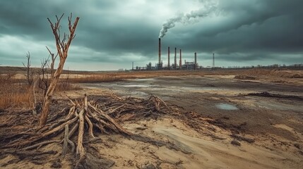 Ecological Degradation in Industrial Landscape Dry Snags and Trees Highlighting Environmental Issues Under Gloomy Sky