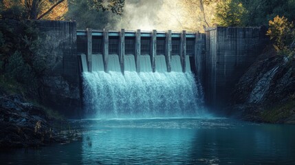 Concrete dam with cascading water flowing into a tranquil lake surrounded by lush greenery, illuminated by soft sunlight filtering through the trees, nature, infrastructure, serenity, water source.