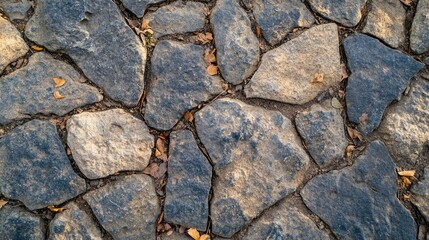 Obraz premium Detailed close-up of irregularly shaped stone pavement with a rough texture, featuring patches of gray and earthy tones, complemented by small fallen leaves, nature, urban surface, ground texture.