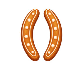 Cartoon gingerbread brackets symbol, Christmas funny typeface, xmas and new year type, festive pastry alphabet. Vector punctuation characters for winter holiday seasonal greetings and invitations