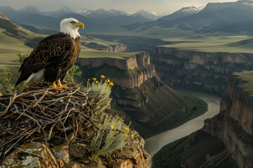 A bald eagle nesting on a cliffside, its powerful frame and massive wings visible as it surveys the expansive landscape stretching out below.