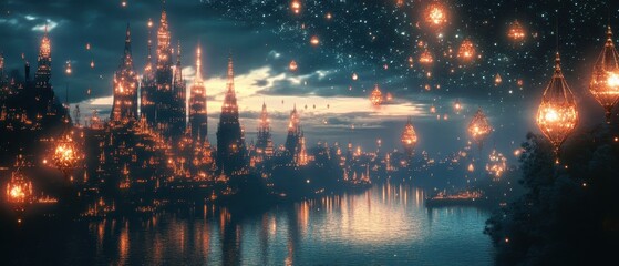 Obraz premium Enchanting illuminated cityscape at twilight with floating lanterns and shimmering waterways