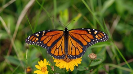 Naklejka premium A monarch butterfly perched on a bright yellow flower, ready for takeoff