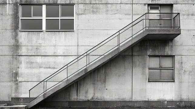 Vertical fire escape on a concrete building wall with windows showcasing industrial architecture in black and white photography