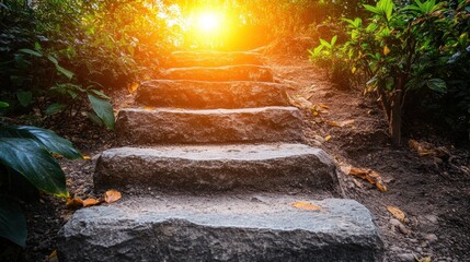 Stone steps leading up towards a bright light in a forest.