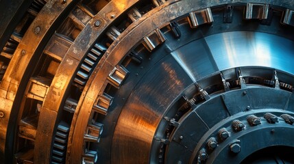 Fototapeta premium Industrial hydroelectric generator turbine close-up highlighting intricate mechanical details and advanced engineering in vintage machinery.