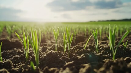 Fototapeta premium Close up of young green wheat seedlings sprouting in rich soil under bright sunlight on a farm field showcasing agricultural growth.