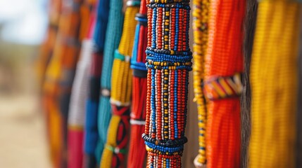 Colorful African bead necklaces on display at an outdoor market in Namibia capturing cultural artistry with a blurred background for depth.