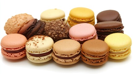 Obraz premium Assorted colorful macarons displayed on a clean white background, highlighting vibrant pastel shades and various textures, dessert, confectionery, gourmet treats.