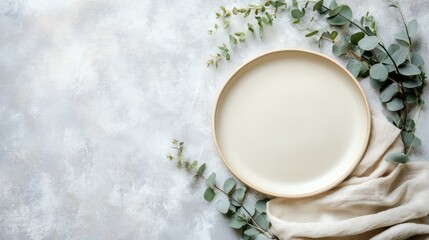 Minimalist table setting with empty plate linen napkin and eucalyptus branches on light concrete background for Spring menu mockup design