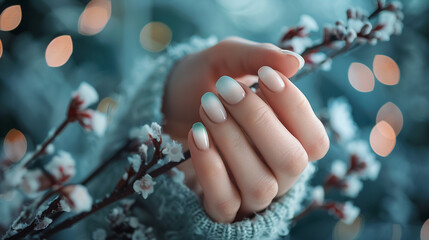 Beautiful manicure on hand nails in a beauty salon