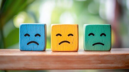 Negative customer feedback represented by colorful wooden blocks displaying sad faces symbolizing dissatisfaction with service quality.