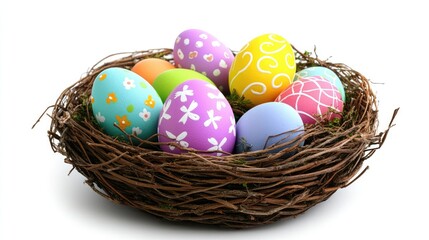 Fototapeta premium Colorful Easter eggs nestled in a natural bird nest on a clean white background for festive spring celebrations and holiday decorations.