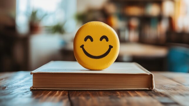 "Close-up of a customer relationship management book with a smiling emoji on top, set against a softly blurred background, education, business, positivity."