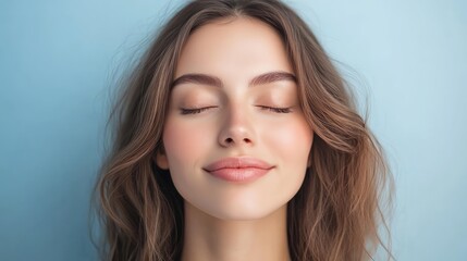 Fototapeta premium Dreamy expression serene woman with closed eyes exuding tranquility and peacefulness against a soft blue background.