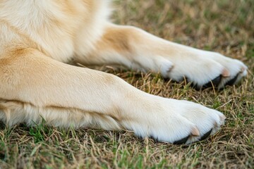 A close-up shot of a dog's paw resting on the ground