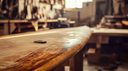 Close-up view of a handcrafted surfboard on a wooden workbench in a busy workshop, tools and materials in the blurred background, craftsmanship, surfing, artisanal.