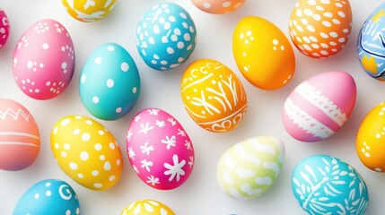 Fototapeta premium Vibrant assortment of decorated Easter eggs on a bright white background for festive holiday themes and creative seasonal projects.