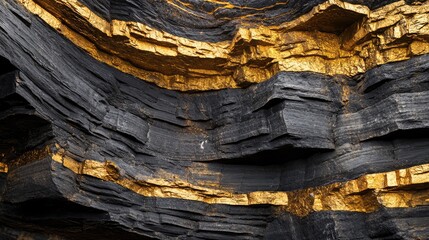 Close-up photo of layered rock formations featuring intricate textures with dark slate gray and...