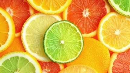 Obraz premium Vibrant assortment of colorful citrus fruit slices including oranges, limes, lemons, and grapefruits arranged on a white background, overhead view, food, freshness, healthy lifestyle.