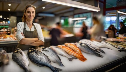 cheerful fishmonger warmly engages customers at a vibrant and bustling seafood market 