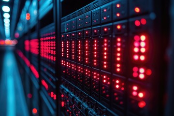 A row of servers with red lights indicating activity or status