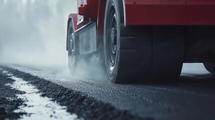 Closeup of a road compactor working on freshly laid asphalt creating a smooth, even surface during construction operations.