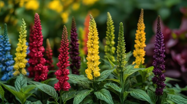Vibrant inflorescences of Malwa ornamental plants in diverse colors flourishing in a Bialystok home garden setting, Poland