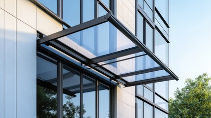 Obraz premium Modern steel and glass awning design on a contemporary building, providing shade and style, enhancing architecture with elegance and functionality, architecture, design, urban environment.