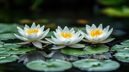 Three white water lilies with yellow centers bloom on a pond surrounded by green lily pads.