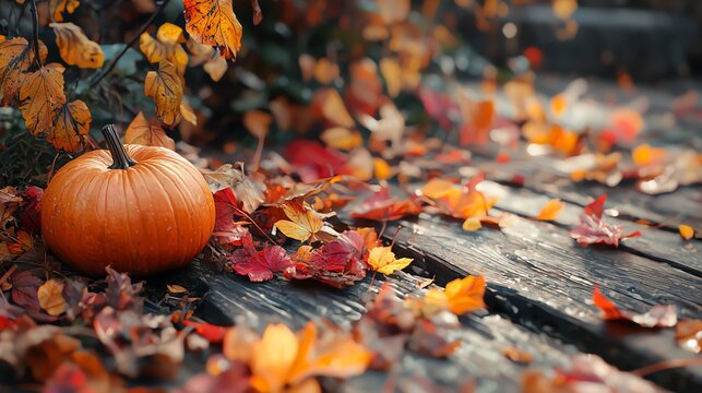 A pumpkin on wooden planks surrounded by autumn leaves, creating a cozy and warm atmosphere.