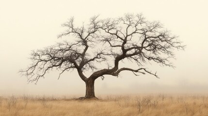 Lonely leafless tree in winter fog captures the beauty of desolation with dry branches against a soft sepia-toned background.