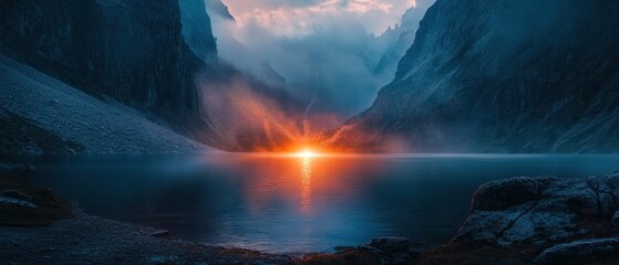 Majestic sunset over tranquil lake surrounded by towering mountains at dusk