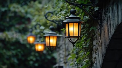 Hanging decorative lanterns illuminating a historic stone bridge surrounded by lush greenery at dusk